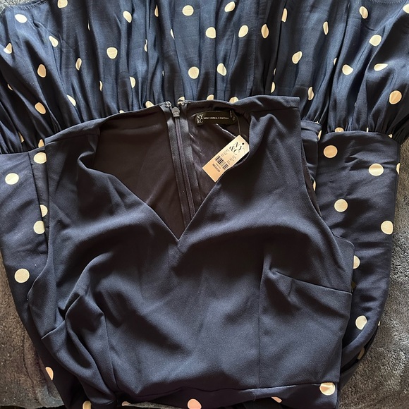 New York and Company blue with white polka dots, belted midi dress. - Picture 2 of 4